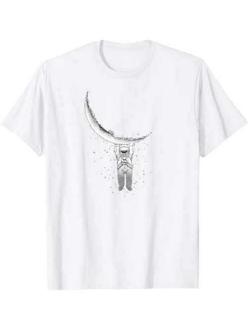 Men's Graphic T-Shirt Dreaming Astronaut Swinging Under Crescent Moon Surrounded By Floating Stars