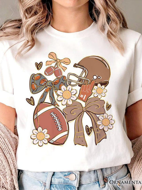 Women's Graphic T-Shirt Retro Bow And Daisies With Football Helmet Surrounded By Flowers Football