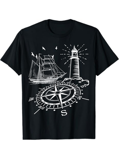 Men's Graphic T-Shirt Classic Nautical Elements With Lighthouse Sailing Ship And Compass Rose