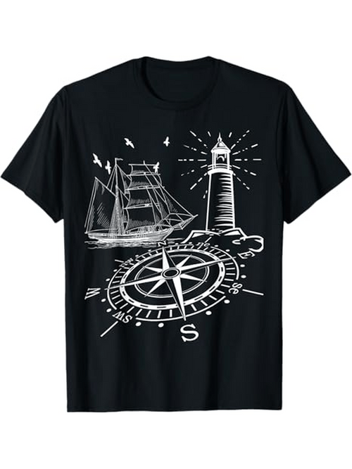 Men's Graphic T-Shirt Classic Nautical Elements With Lighthouse Sailing Ship And Compass Rose