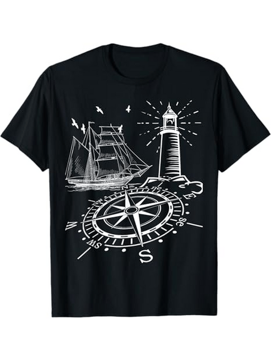 Men's Graphic T-Shirt Classic Nautical Elements With Lighthouse Sailing Ship And Compass Rose
