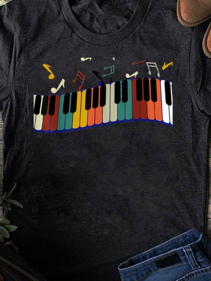 Men's Graphic T-Shirt Colorful Notes Dancing Above Rainbow Piano Keyboard