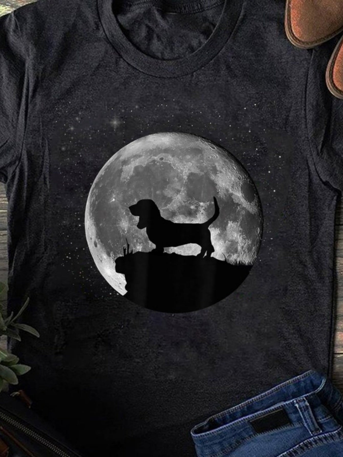 Men's Graphic T-Shirt Peaceful Full Moon Night With Dog Silhouette Standing On Cliff