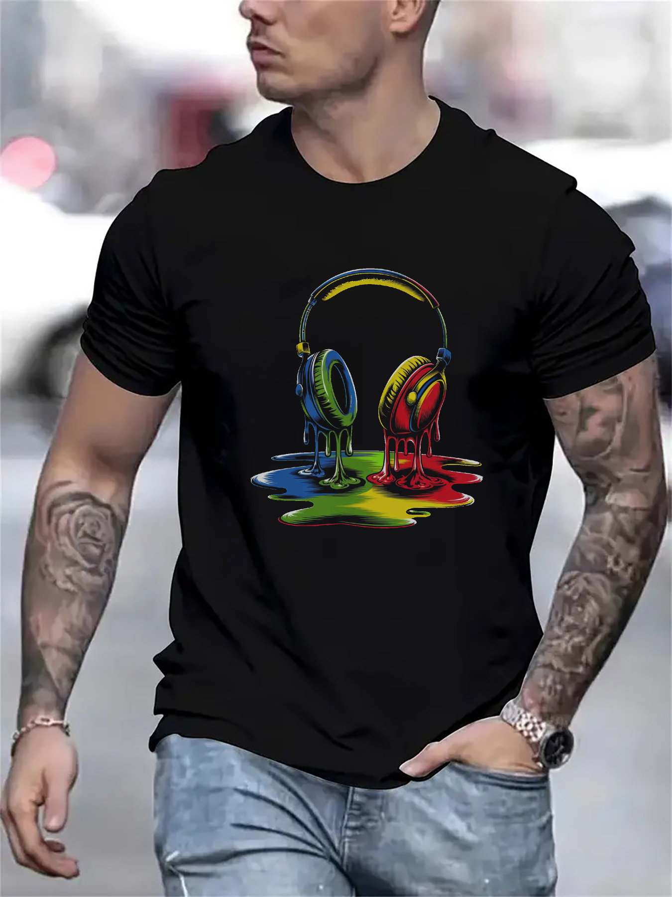 Men's Graphic T-Shirt Dripping Multicolored Paint Splashes With Headphones Centered Headphone