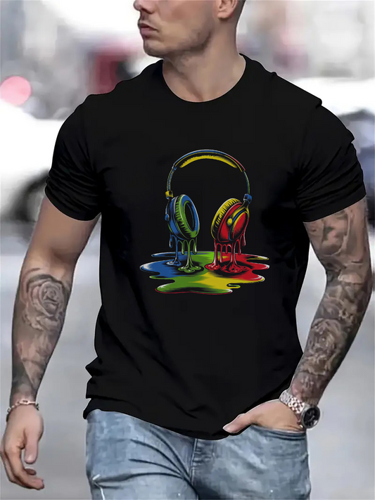 Men's Graphic T-Shirt Dripping Multicolored Paint Splashes With Headphones Centered Headphone