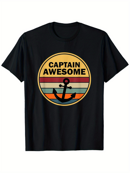 Men's Graphic T-Shirt Captain Awesome Retro Stripes Rounded Badge With Black Anchor