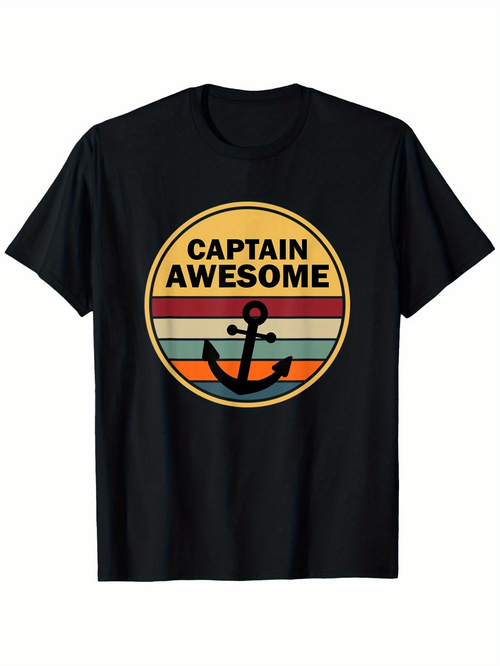 Men's Graphic T-Shirt Captain Awesome Retro Stripes Rounded Badge With Black Anchor