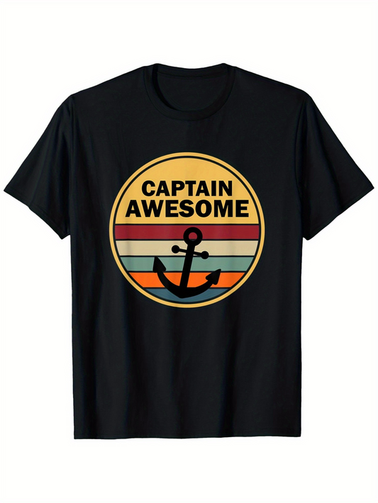 Men's Graphic T-Shirt Captain Awesome Retro Stripes Rounded Badge With Black Anchor