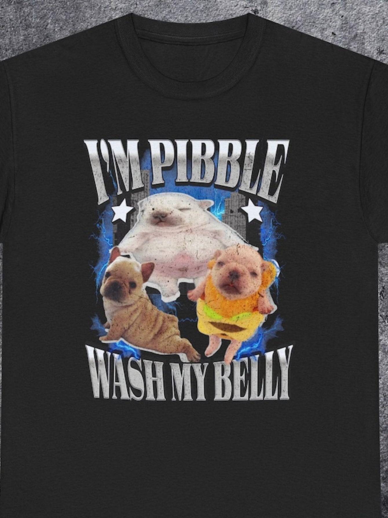 Men's Graphic T-Shirt Im Pibble Wash My Belly Surrounded By Two Playful Puppies Under Blue Stars Dog