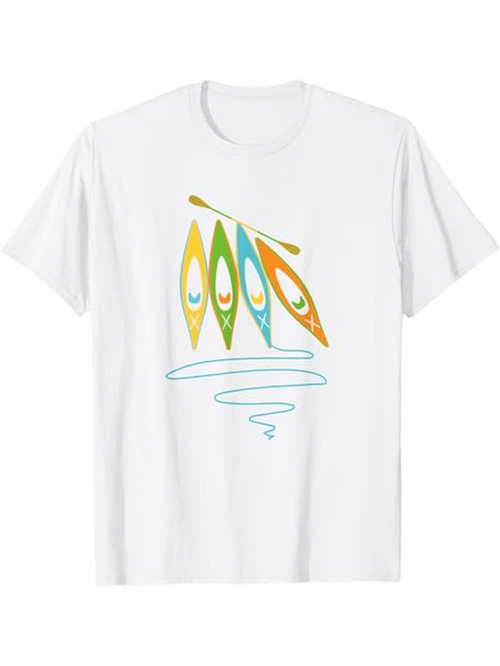 Men's Graphic T-Shirt Colorful Abstract Shapes Floating Over Gentle Rippling Water Kayak