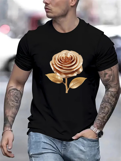 Men's Graphic T-Shirt Golden Metallic Shine With Detailed Leaves And Realistic Petals Rose