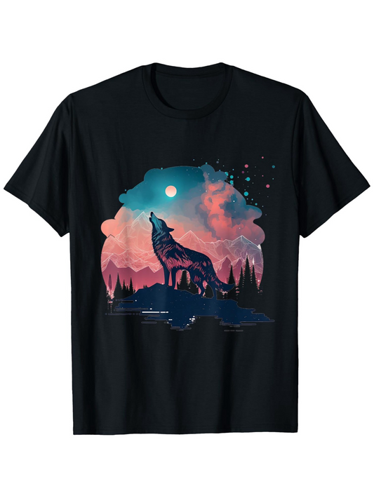 Men's Graphic T-Shirt Colorful Night Sky With Glowing Moon Over Howling Lone Wolf