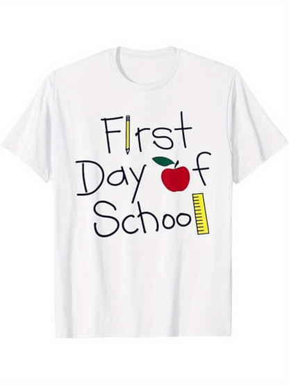 Men's Graphic T-Shirt First Day School With Red Apple And Yellow Rulers