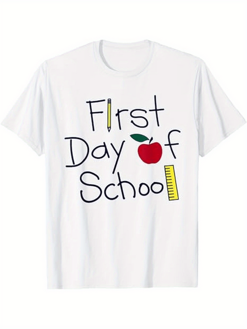 Men's Graphic T-Shirt First Day School With Red Apple And Yellow Rulers