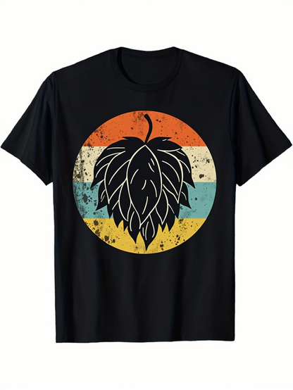 Men's Graphic T-Shirt Retro Striped Sunburst With Bold Black Hop Cone Leaf