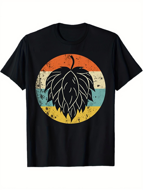 Men's Graphic T-Shirt Retro Striped Sunburst With Bold Black Hop Cone Leaf
