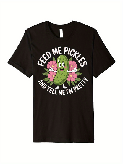 Men's Graphic T-Shirt Feed Me Pickles Surrounded By Pink Flowers Smiling Cartoon Pickle