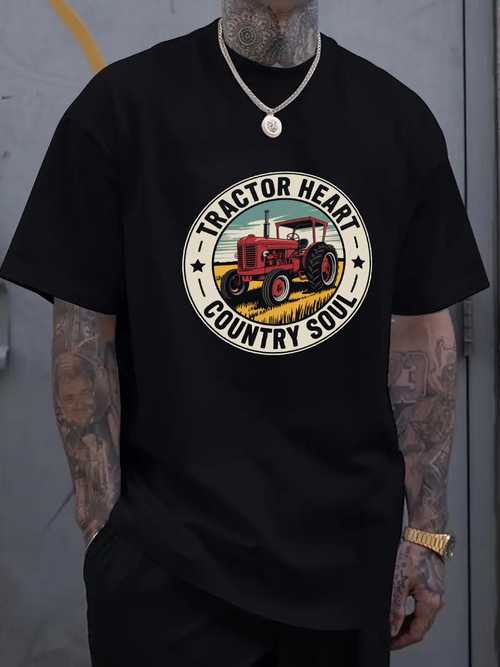 Men's Graphic T-Shirt Tractor Heart Country Soul With Sunset Rays Over Vibrant Fields Tractor