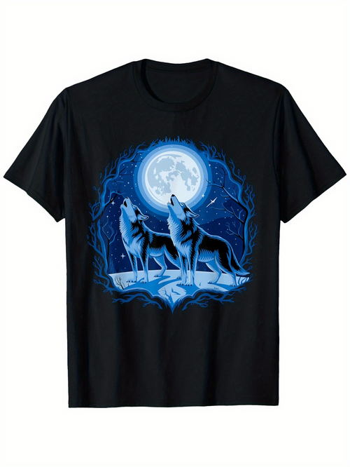 Men's Graphic T-Shirt Starry Night Blue Forest With Two Wolves Howling At A Bright Full Moon