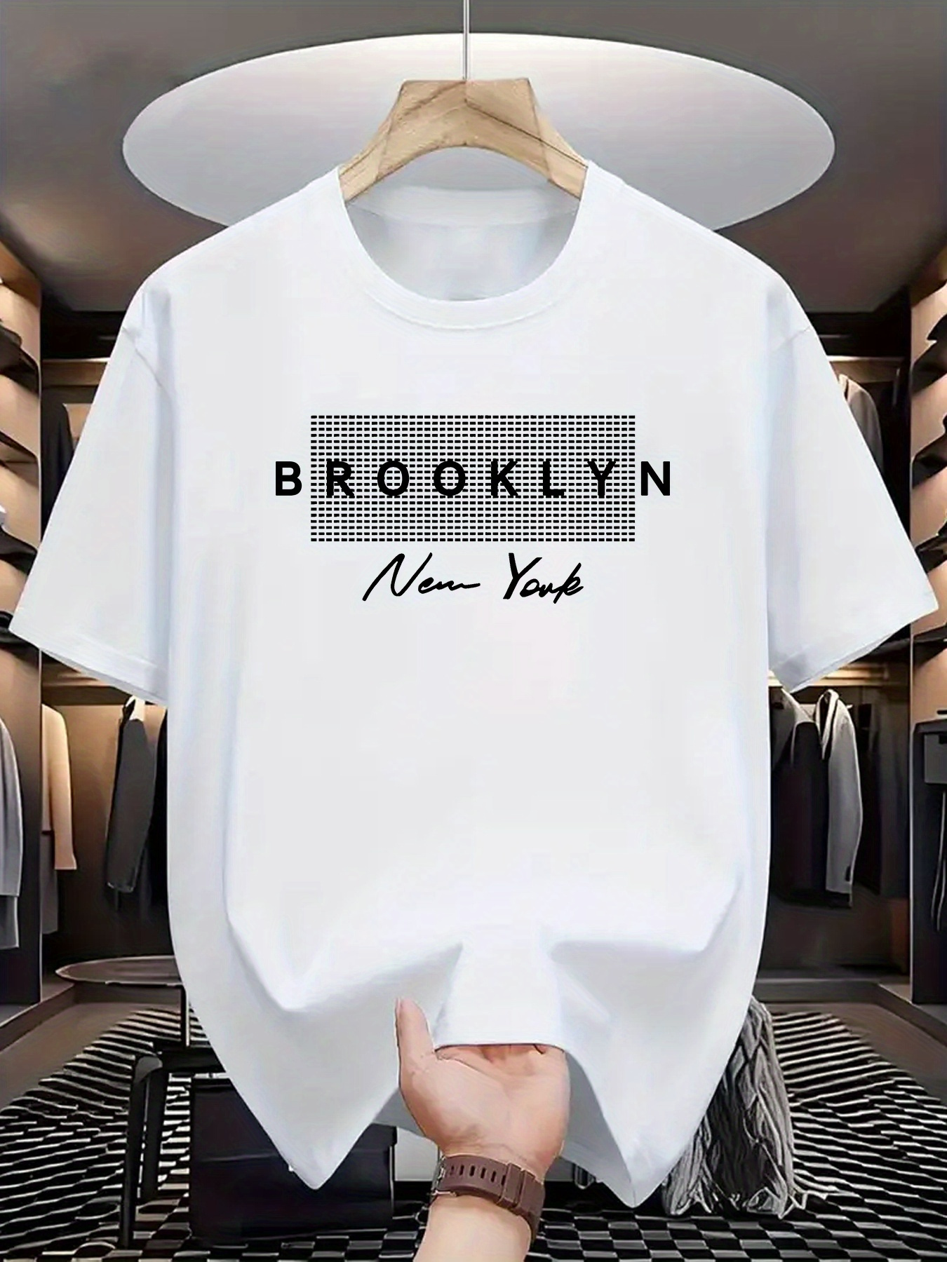 Men's Graphic T-Shirt Brooklyn New York Black Grid Letters Front White Tshirt