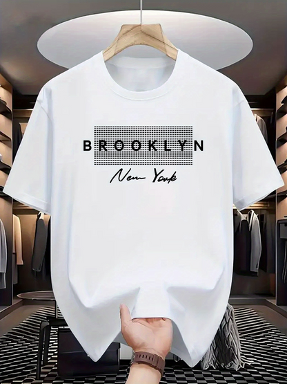Men's Graphic T-Shirt Brooklyn New York Black Grid Letters Front White Tshirt