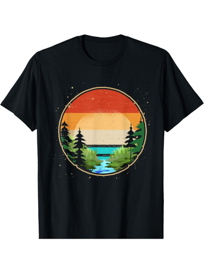 Men's Graphic T-Shirt Sunset Horizon With Flowing River Amid Pine Trees Landscape