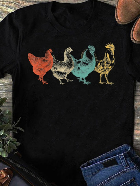 Men's Graphic T-Shirt Colorful Farmyard Chickens With Vintage Tones Among Standing Poultry