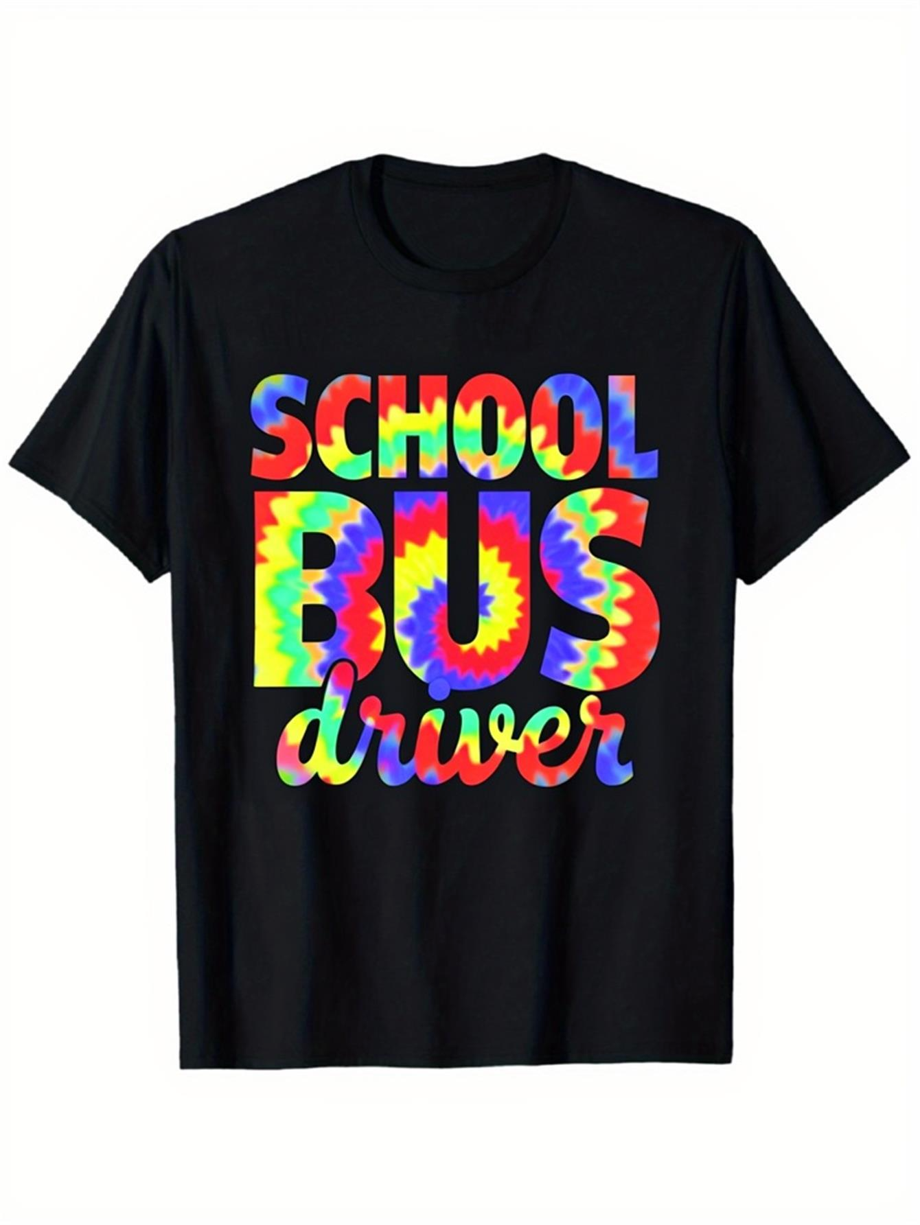 Men's Graphic T-Shirt Tie Dye Pattern With Large Colorful Letters School Bus Driver
