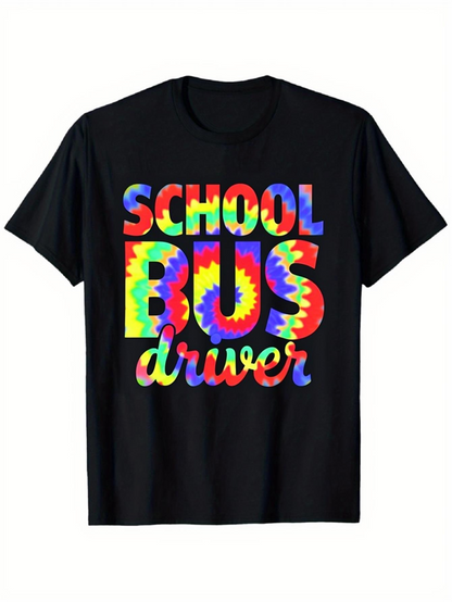 Men's Graphic T-Shirt Tie Dye Pattern With Large Colorful Letters School Bus Driver