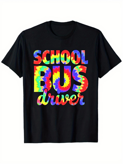 Men's Graphic T-Shirt Tie Dye Pattern With Large Colorful Letters School Bus Driver