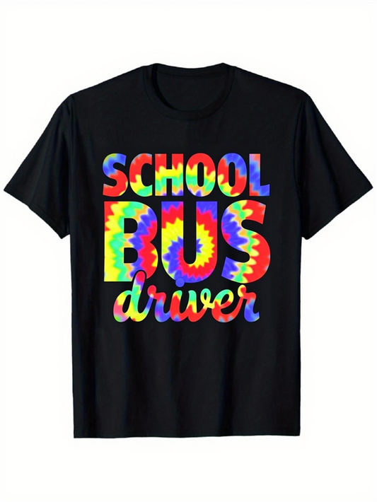 Men's Graphic T-Shirt Tie Dye Pattern With Large Colorful Letters School Bus Driver