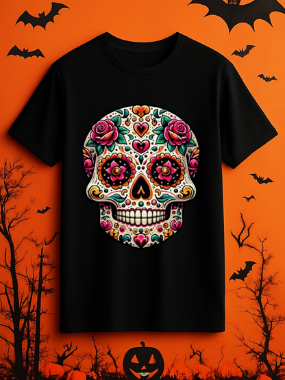 Men's Graphic T-Shirt Vibrant Floral Patterns With Gemstones Featuring A Decorative Sugar Skull