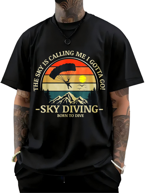 Men's Graphic T-Shirt The Sky Is Calling Me I Gotta Go Warm Sunset With Parachute Diver Over Snowy Mountain Sky Diving