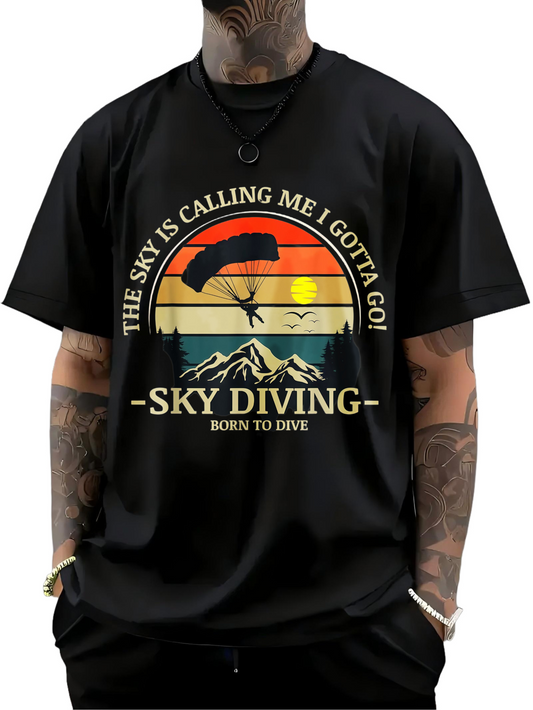 Men's Graphic T-Shirt The Sky Is Calling Me I Gotta Go Warm Sunset With Parachute Diver Over Snowy Mountain Sky Diving
