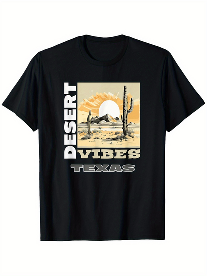 Men's Graphic T-Shirt Desert Vibes Texas Desert Sunrise With Cactus And Rugged Landscape