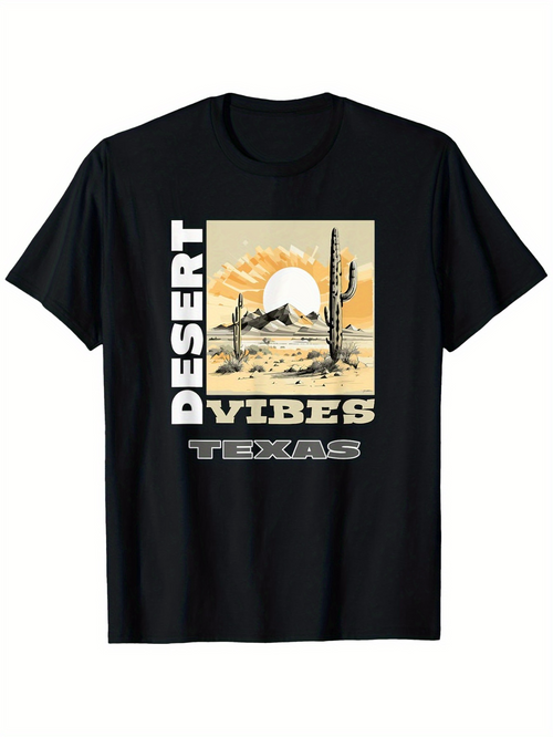 Men's Graphic T-Shirt Desert Vibes Texas Desert Sunrise With Cactus And Rugged Landscape