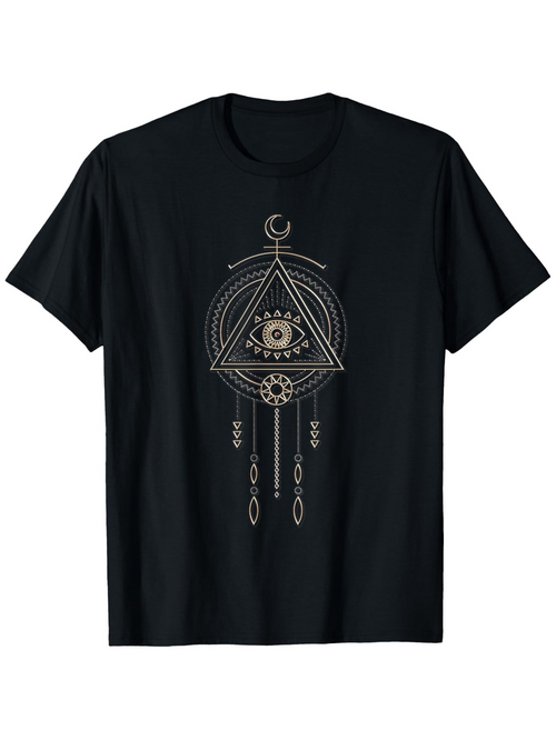Men's Graphic T-Shirt Mystical Geometric Motif With Crescent Moon And All Seeing Eye Symbol