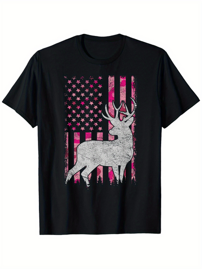 Men's Graphic T-Shirt Vintage Grunge American Flag With Stars And Stripes Behind Noble Wild Deer