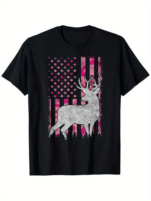 Men's Graphic T-Shirt Vintage Grunge American Flag With Stars And Stripes Behind Noble Wild Deer