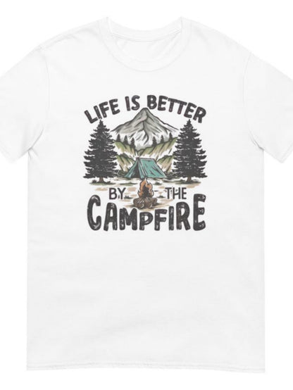 Men's Graphic T-Shirt Life Is Better By The Campfire With Pine Trees Mountains And Burning Logs Campfire