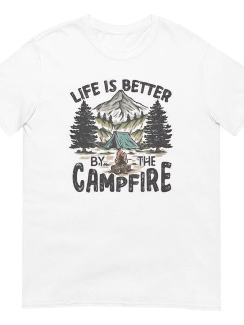 Men's Graphic T-Shirt Life Is Better By The Campfire With Pine Trees Mountains And Burning Logs Campfire