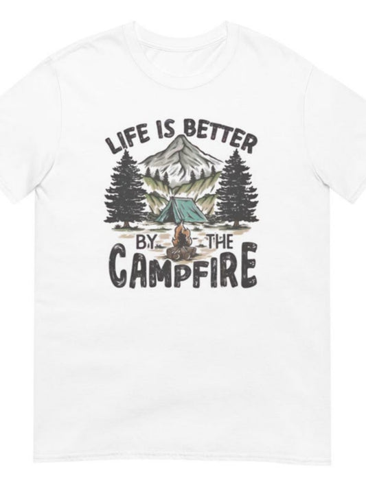Men's Graphic T-Shirt Life Is Better By The Campfire With Pine Trees Mountains And Burning Logs Campfire