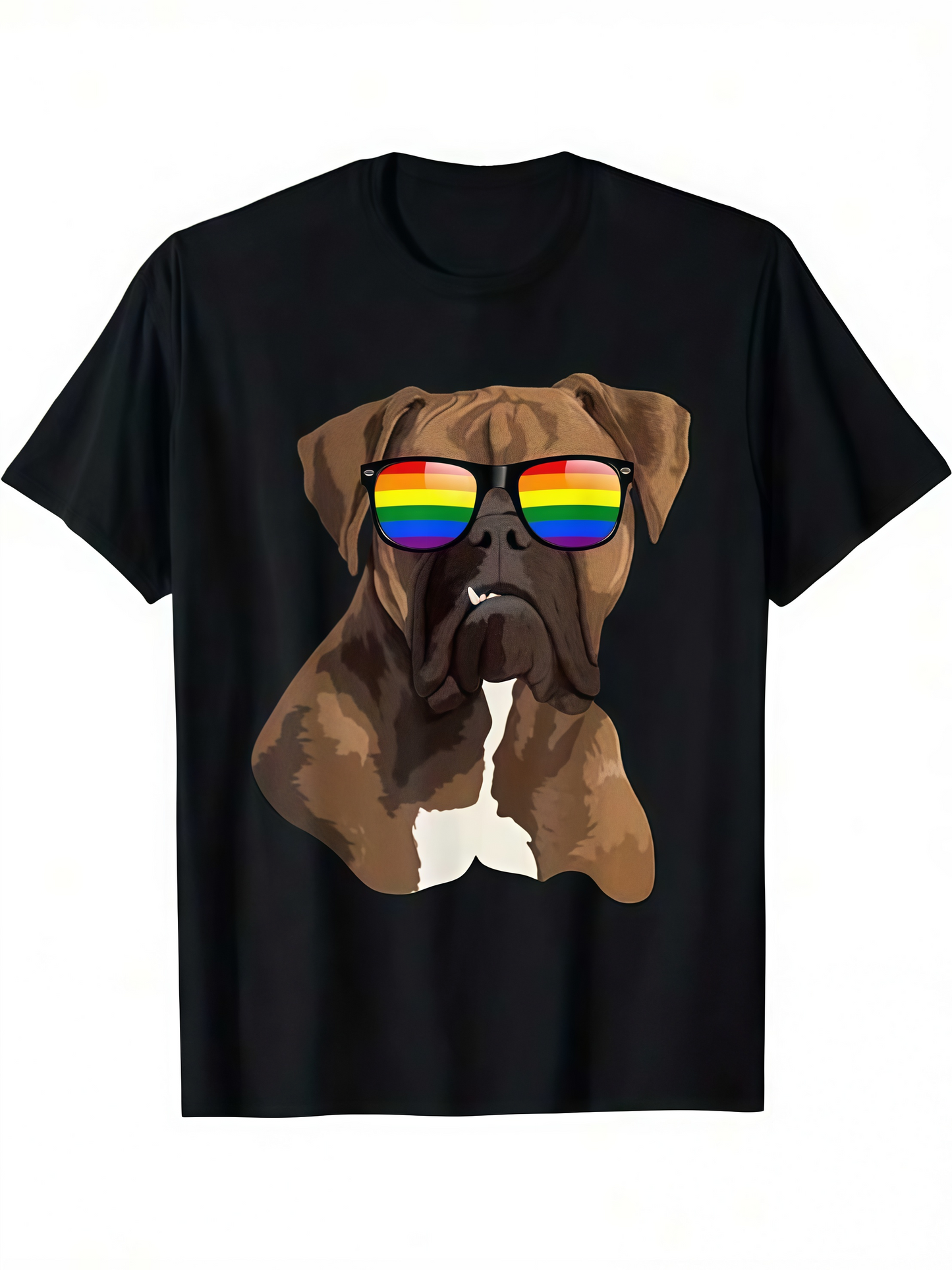 Men's Graphic T-Shirt Boxer Dog Wearing Rainbow Sunglasses On Plain Black T Shirt