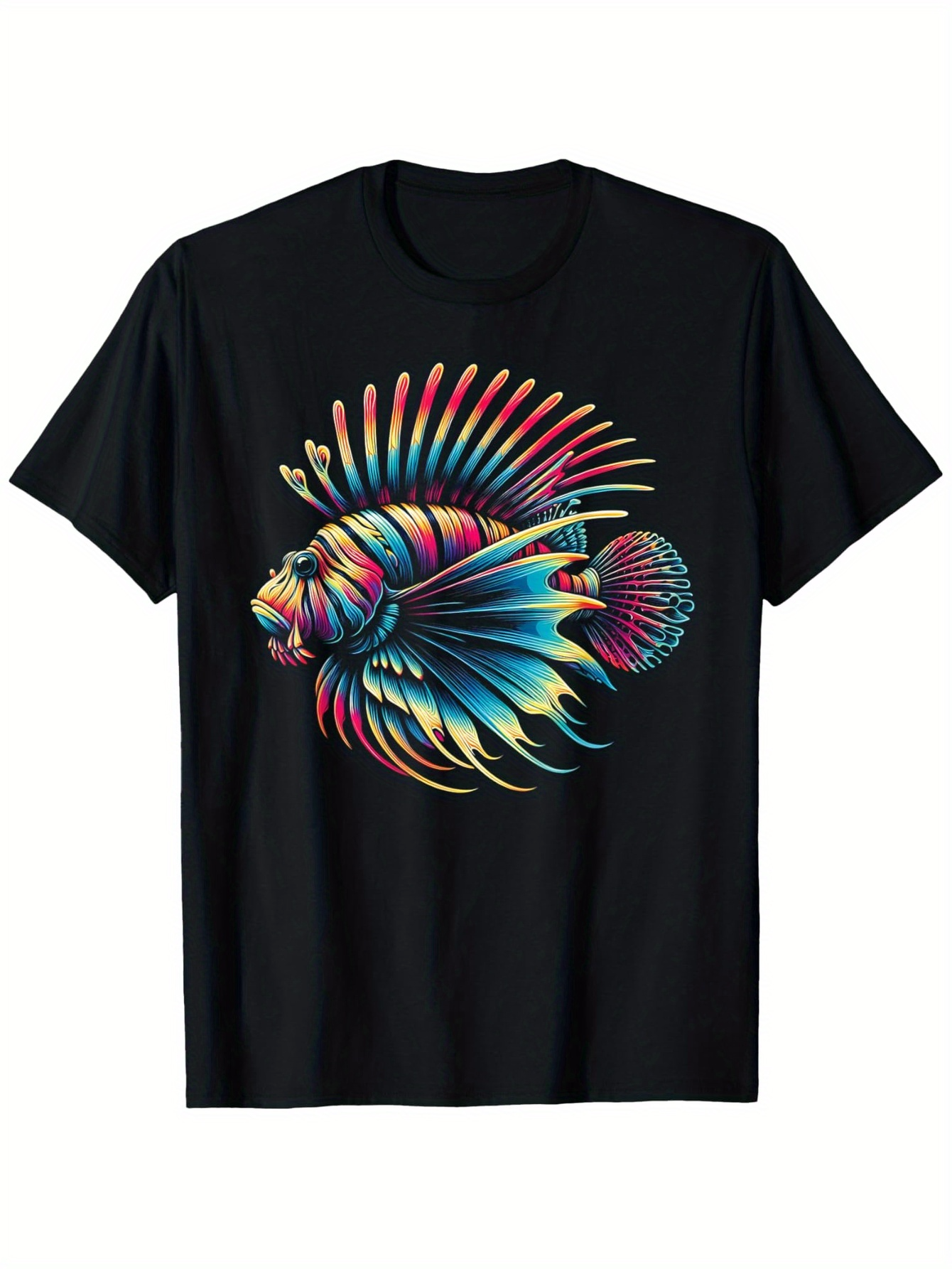 Men's Graphic T-Shirt Colorful Neon Glow Fins Radiating Across Blackwater Lionfish