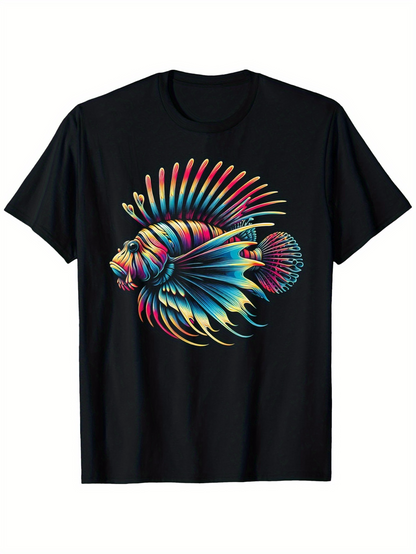 Men's Graphic T-Shirt Colorful Neon Glow Fins Radiating Across Blackwater Lionfish