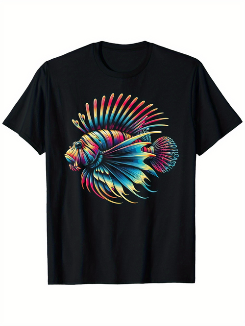 Men's Graphic T-Shirt Colorful Neon Glow Fins Radiating Across Blackwater Lionfish