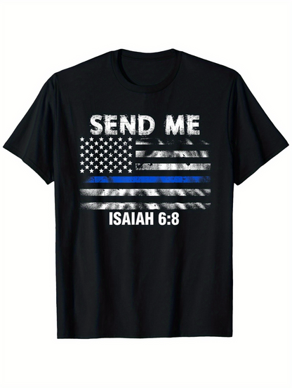 Men's Graphic T-Shirt Send Me American Flag With Blue Line Under Strong Grunge Texture