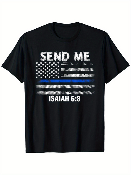 Men's Graphic T-Shirt Send Me American Flag With Blue Line Under Strong Grunge Texture