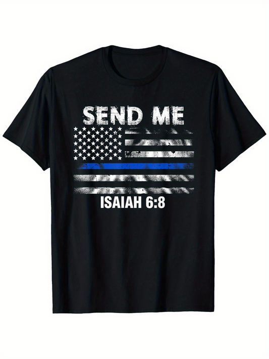 Men's Graphic T-Shirt Send Me American Flag With Blue Line Under Strong Grunge Texture