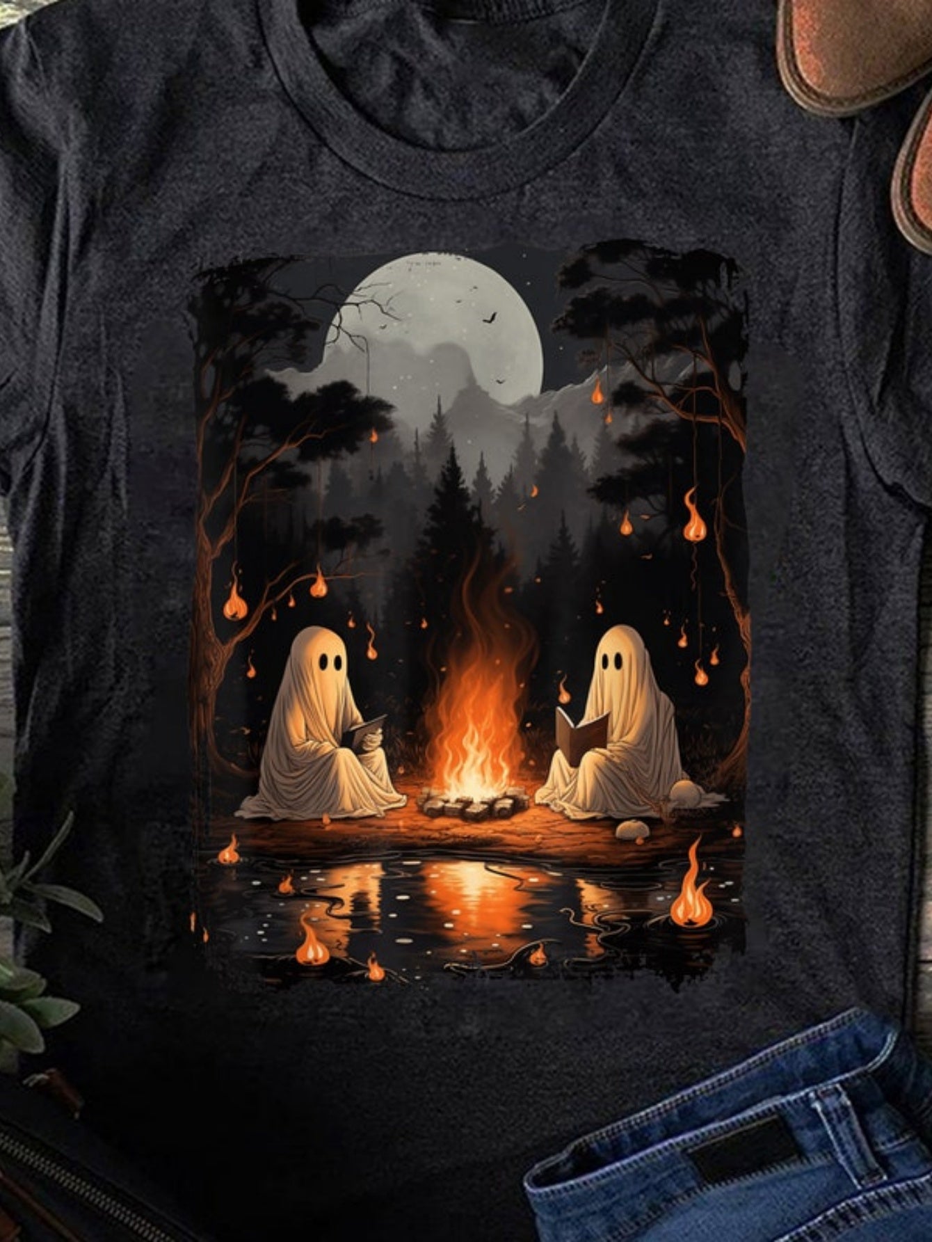 Men's Graphic T-Shirt Full Moon Forest Campfire With Glowing Lanterns And Ghostly Reflections Ghost